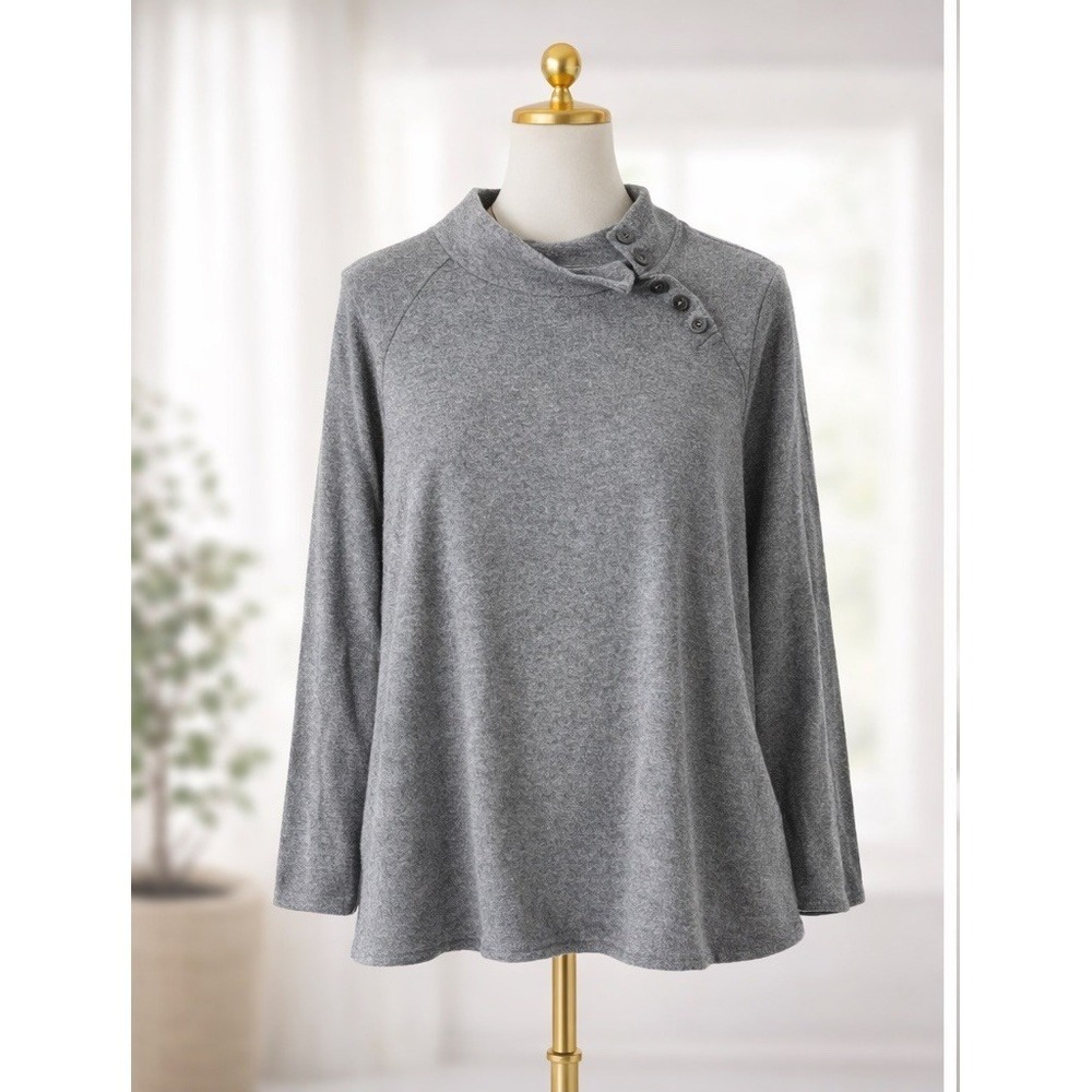 Susan Graver Lifestyle Marshmallow Knit Mock Neck Top‎ w Buttons Gray Size 2x